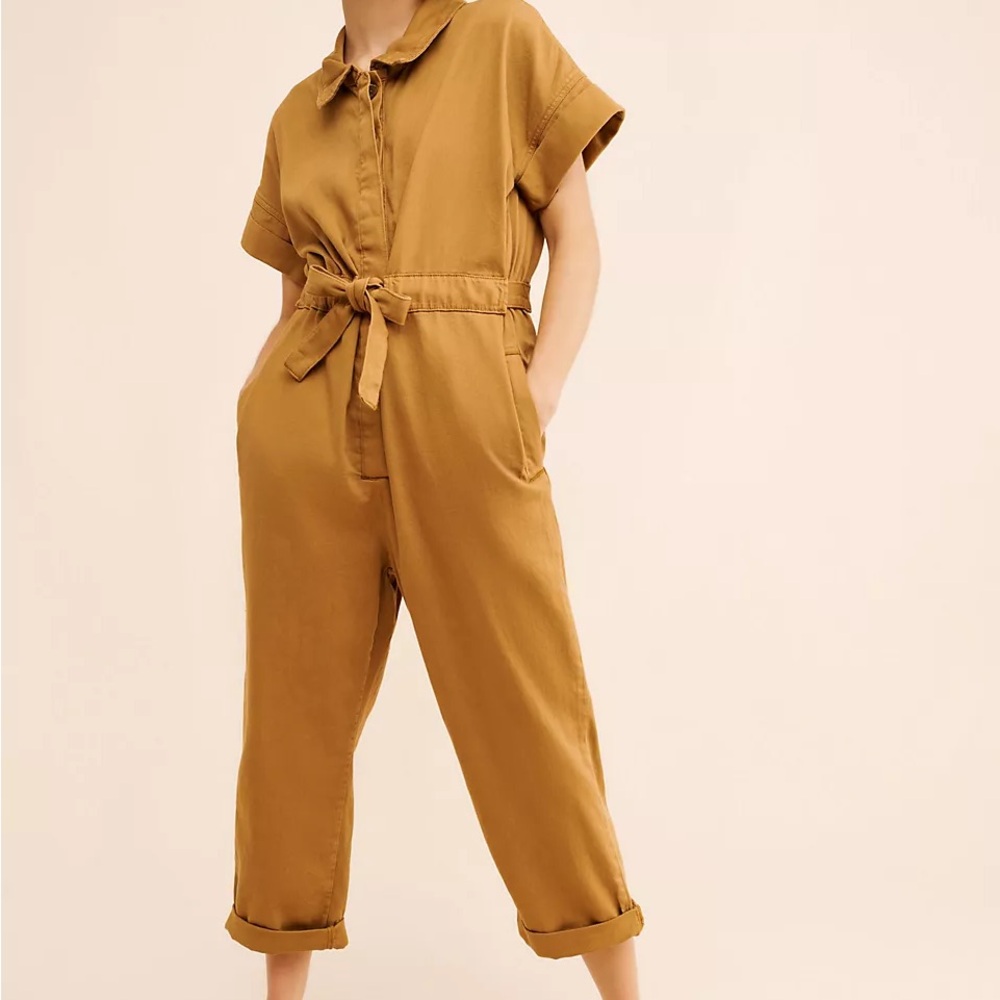 Anthropologie Tan Short-Sleeve Jumpsuit - Picture 4 of 6